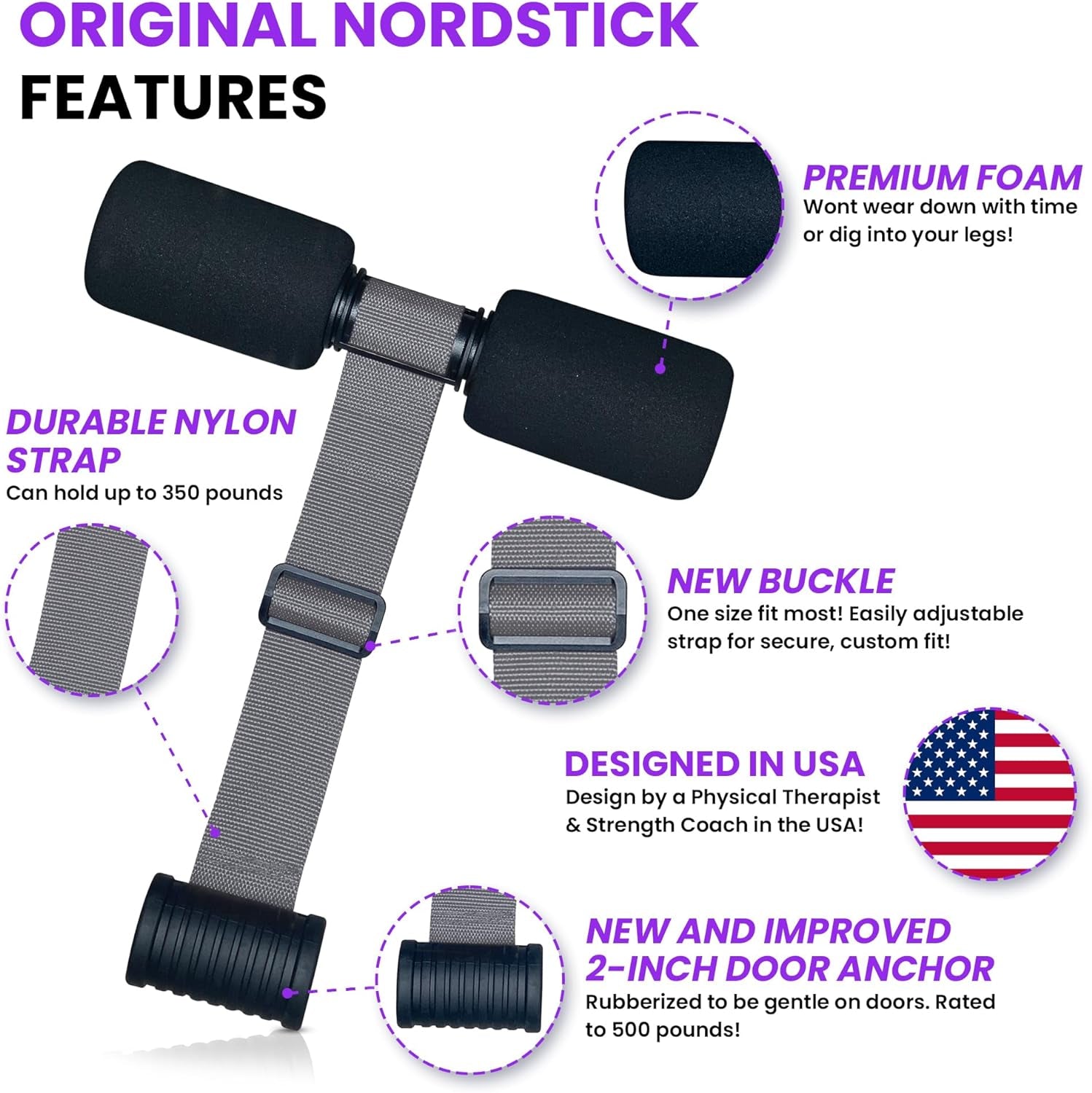 Nordic Hamstring Curl Strap - Original Nord Stick Exercise Set for Home and Travel - 5 Second Set Up